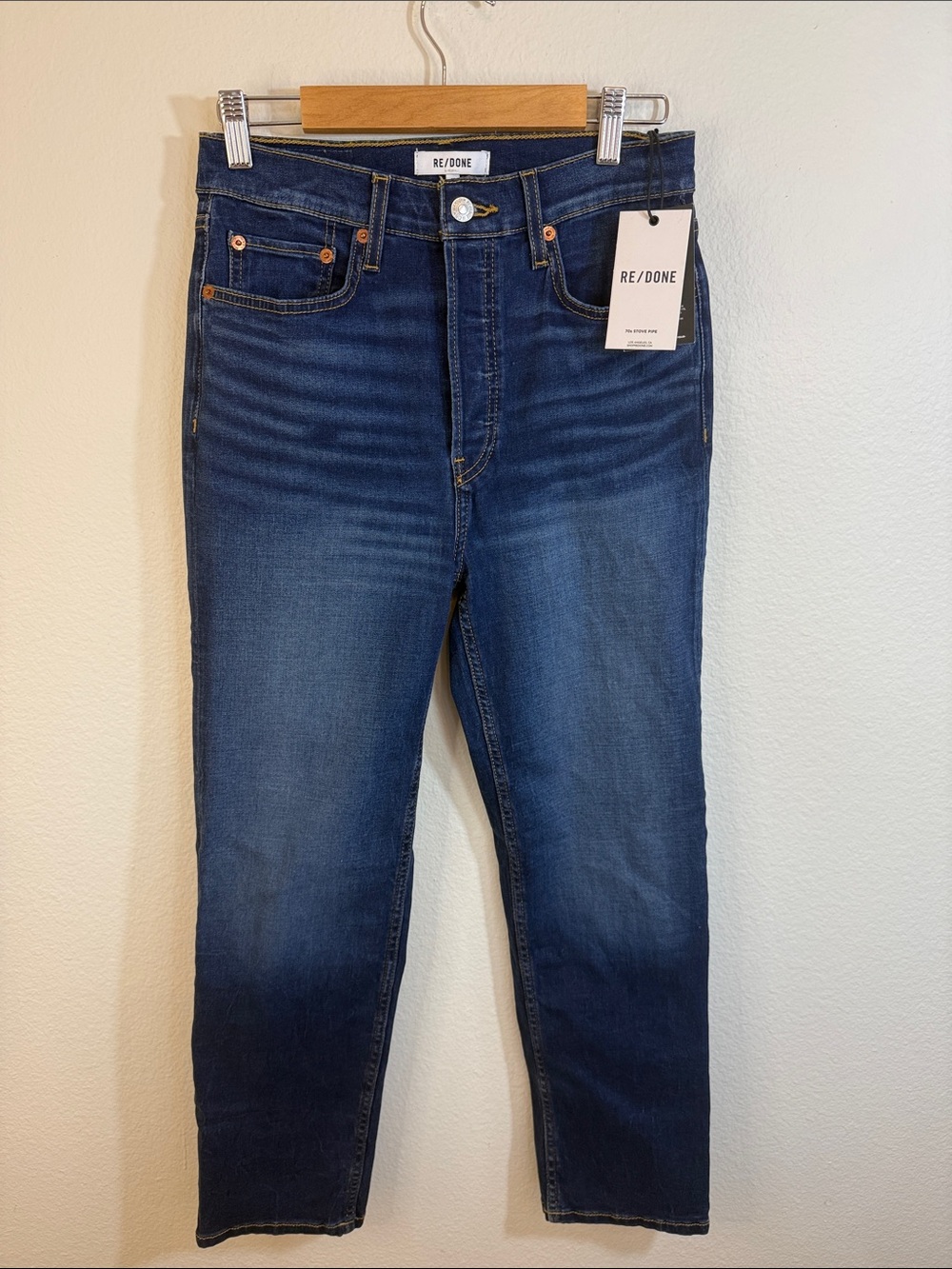 NWT Re/Done 70’sStove Pipe Dark Indigo Slim Straight Jeans